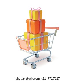 3d Metal Shopping Cart with Heap Present Boxes Plasticine Cartoon Style Isolated on a White Background. Vector illustration of Trolley Market