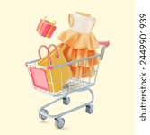 3d Metal Shopping Cart with Paper Bag, Gift Box and Female Dress Cartoon Design Style Online Concept. Vector illustration