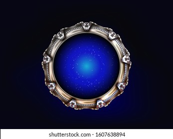 3D metal Stargate concept alien construction isolate on dark blue galaxy background. Stargate Time Machine Portal