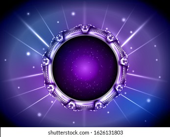 3D metal Stargate concept alien construction isolate on dark blue galaxy background. Stargate Time Machine Portal