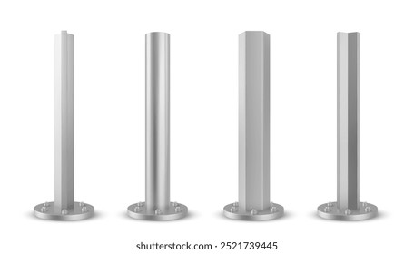 3d metal steel pole. Iron column pipe or post sign vector. Aluminium pillar for billboard advertising construction with circle base. Silver street signpost stick mockup concept. Streetlamp holder set
