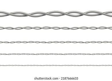 3D metal wire, seamless pattern set vector illustration. Realistic barbwire with twisted steel spiral shapes and curves for fence barrier, fencing prison border on wall isolated on white background