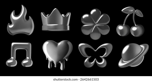 3d metal y2k emoji stickers set. Chrome vector futuristic design elements on black background including crown, heart, flame, flower, cherry, butterfly, planet and music notes.