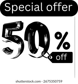 3D metallic 50% off discount banner with gold and silver typography. Bold promotional design for sales, special offers, and marketing campaigns. Isolated on dark background