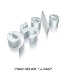 3d metallic character 95% with reflection on White background, EPS 10 vector illustration.