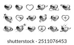 3d metallic chrome hearts set with futuristic Y2K elements. Glossy silver hearts in various shapes, stars, rings, spark effects. Ideal for cyber, cosmic, celestial, Y2K, and romantic themes