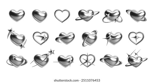 3d metallic chrome hearts set with futuristic Y2K elements. Glossy silver hearts in various shapes, stars, rings, spark effects. Ideal for cyber, cosmic, celestial, Y2K, and romantic themes