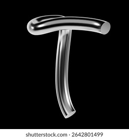 3D metálico cromo letra T com forma tubular brilhante e design curvado estilizado. Símbolo do alfabeto prateado em estilo digital futurista Y2K para tipografia moderna