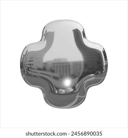 3D Metallic Chrome Y2K Style Cross Shaped Button. Element on transparent background