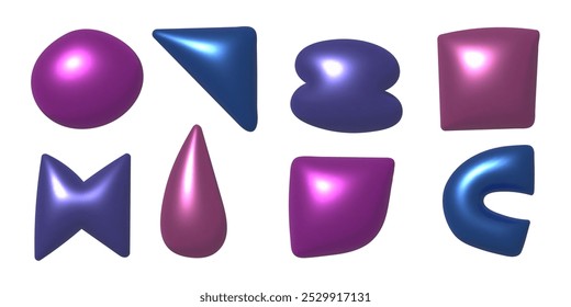 3d metallic doodle vector shapes. Trendy render chrome decoration elements set. 