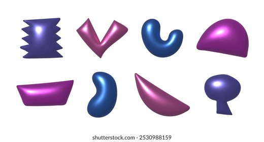 3d metallic doodle vector shapes. Trendy render chrome decoration elements set. 