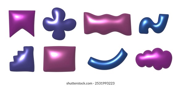 3d metallic doodle vector shapes. Trendy render chrome decoration elements set. 
