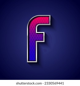 3d metallic font with chrome contour, trendy silver metal alphabet, modern letter F with grid texture, vector illustration 10eps