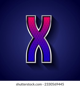 3d metallic font with chrome contour, trendy silver metal alphabet, modern letter X with grid texture, vector illustration 10eps