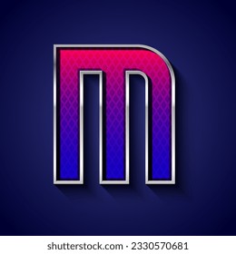 3d metallic font with chrome contour, trendy silver metal alphabet, modern letter M with grid texture, vector illustration 10eps