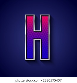 3d metallic font with chrome contour, trendy silver metal alphabet, modern letter H with grid texture, vector illustration 10eps