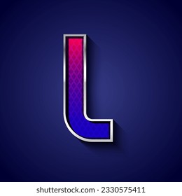 3d metallic font with chrome contour, trendy silver metal alphabet, modern letter L with grid texture, vector illustration 10eps