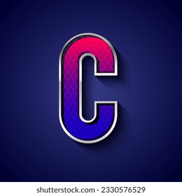 3d metallic font with chrome contour, trendy silver metal alphabet, modern letter C with grid texture, vector illustration 10eps