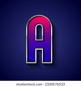 3d metallic font with chrome contour, trendy silver metal alphabet, modern letter A with grid texture, vector illustration 10eps