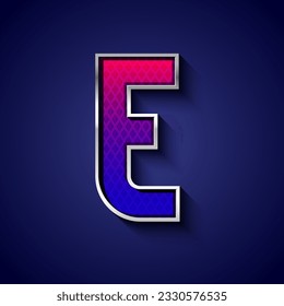 3d metallic font with chrome contour, trendy silver metal alphabet, modern letter E with grid texture, vector illustration 10eps