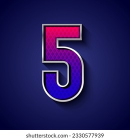 3d metallic font with chrome contour, trendy silver metal alphabet, modern number 5 with grid texture, vector illustration 10eps
