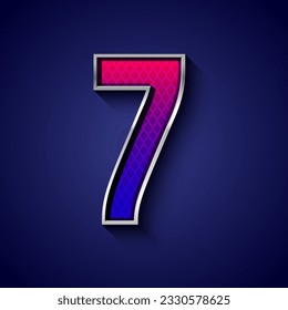 Tipo de letra metálico 3d con contorno cromado, alfabeto plateado de moda, número moderno 7 con textura de cuadrícula, ilustración vectorial 10eps