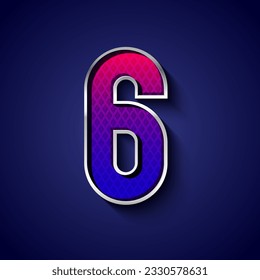 3d metallic font with chrome contour, trendy silver metal alphabet, modern number 6 with grid texture, vector illustration 10eps