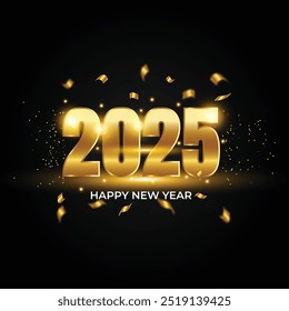 3d metallic golden 2025 happy new year and christmas luxury gold shiny confetti greetings and wishes black background banner