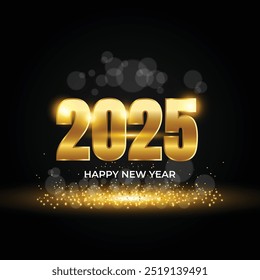 3d metallic golden 2025 happy new year and christmas luxury gold shiny dots, lights, bokeh greetings and wishes black background banner