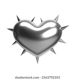 3D metallic heart with spikes, silver chrome surface, isolated vector illustration. Abstract symbol of love, punk style, edgy design element for Valentine’s Day, fashion, Y2K aesthetics