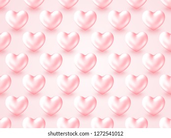 3D Metallic Heart Valentine's Day background. Beautiful realistic shape of pastel pink Hearts isolated on white background. Grid layout decor. Vector illustration holidays texture.