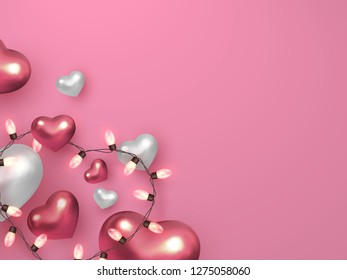 3d metallic hearts with electric garlands on pastel pink background. Decorative love concept for Valentines day or wedding. Copy space, top view. Vector illustration.