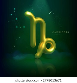 3d metallic magic astrology Capricorn zodiac sign and constellation on space background. Vector illustration