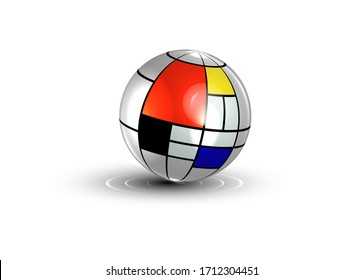 3D Metallic Mondrian Ball, Sphere And Abstract Colorful Texture Design Artwork Retro Background. Geometric Illustration Vector Isolated On White Background