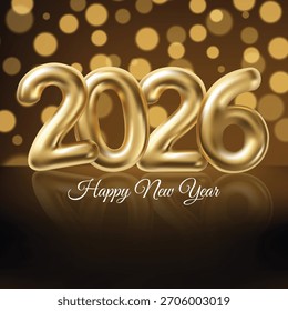 Diseño metálico 3D número 2026 sobre un fondo oscuro con reflejos y luces bokeh doradas. Concepto de lujo moderno. Ideal para Anuncios de Nuevo año, tarjetas de felicitación o promoción de eventos corporativos.