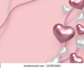 3d metallic pink and white hearts with beads on pastel pink background. Decorative love concept for Valentines day or wedding. Copy space, top view. Vector illustration.