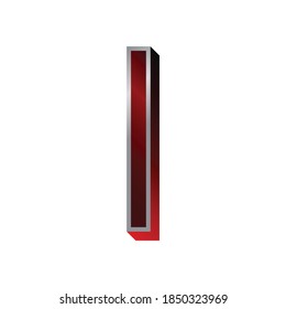 Letra de color 3D metálica roja y plateada aislada en fondo blanco. Letra roja metálica I para afiches, volantes y otros. Colección de letras metálicas rojas.