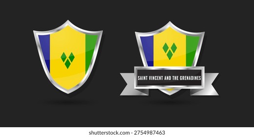 3D metallic shield and ribbon featuring the flag of Saint Vincent and the Grenadines. High-quality silver emblem for Vincentian branding, Caribbean icons, and patriotic identity.
