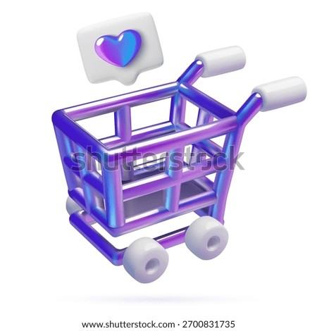 3d metallic shopping cart with heart icon. Purple holographic gradient supermarket buyer trolley. Vector illustration