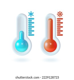 3d Meteorology Thermometers Set Plasticine Cartoon Style Isolated on a White Background. Vector illustration of Thermometer Measuring Heat or Cold