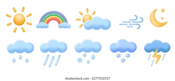 3d meteorology, weather or forecast icons set. Sun, moon, rainbow, clouds, wind, rain and snow. Vector illustrations isolated on white background.