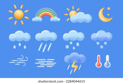 3d meteorology, weather or forecast icons set on blue background. Sun, moon, rainbow, clouds, wind, fog, rain and snow. Vector illustrations for mobile app or website.