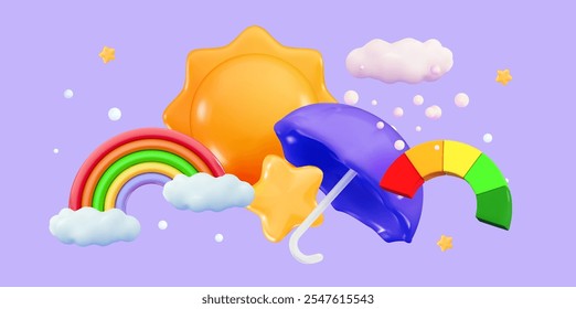3d meteorology Weather forecast Sun and stars, rainbow and fluffy clouds Bad and good weather meter