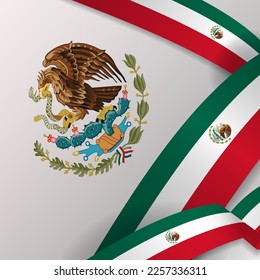 3D Mexico Flag Card Poster Design with Mexican Flag Coat of Arms on background. Vector Illustration. EPS 10