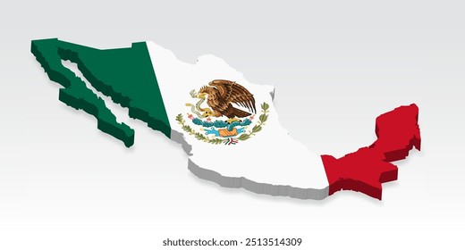 3D  Mexico map with flag. Three dimensional map of Mexico with shadow. Flag of Mexico on white background for your design, app, UI.  Stock vector. EPS10. 