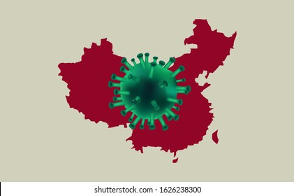 3D microbiology of virus on china map background. Concept for 2019 coronavirus that mutation to infected to Chinese then spread to worldwide