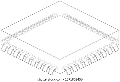 3D microchip. Vector rendering of 3d. Wire-frame style. The layers of visible and invisible lines are separated