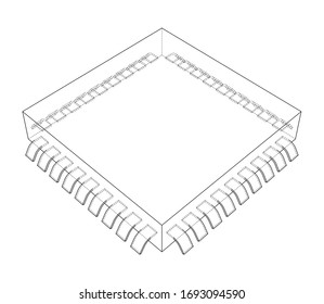 3D microchip. Vector rendering of 3d. Wire-frame style. The layers of visible and invisible lines are separated