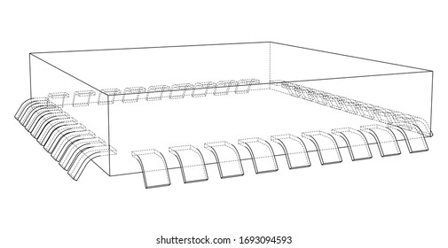 3D microchip. Vector rendering of 3d. Wire-frame style. The layers of visible and invisible lines are separated