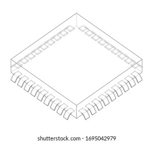 3D microchip. Vector rendering of 3d. Wire-frame style. The layers of visible and invisible lines are separated
